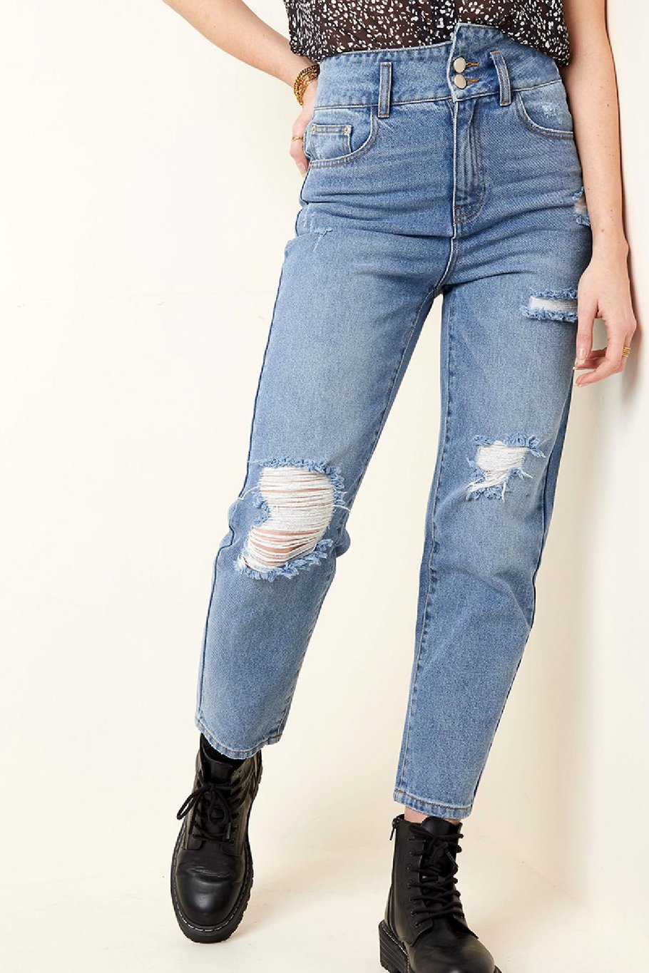 Enkellange versleten jeans met hoge taille Blauw XS Afbeelding2
